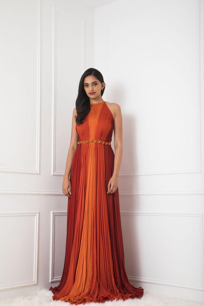 Rust to Orange Color Block Pleated Gown